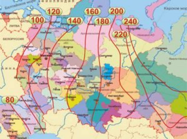 Карта нормативной глубины промерзания почв в разных регионах России